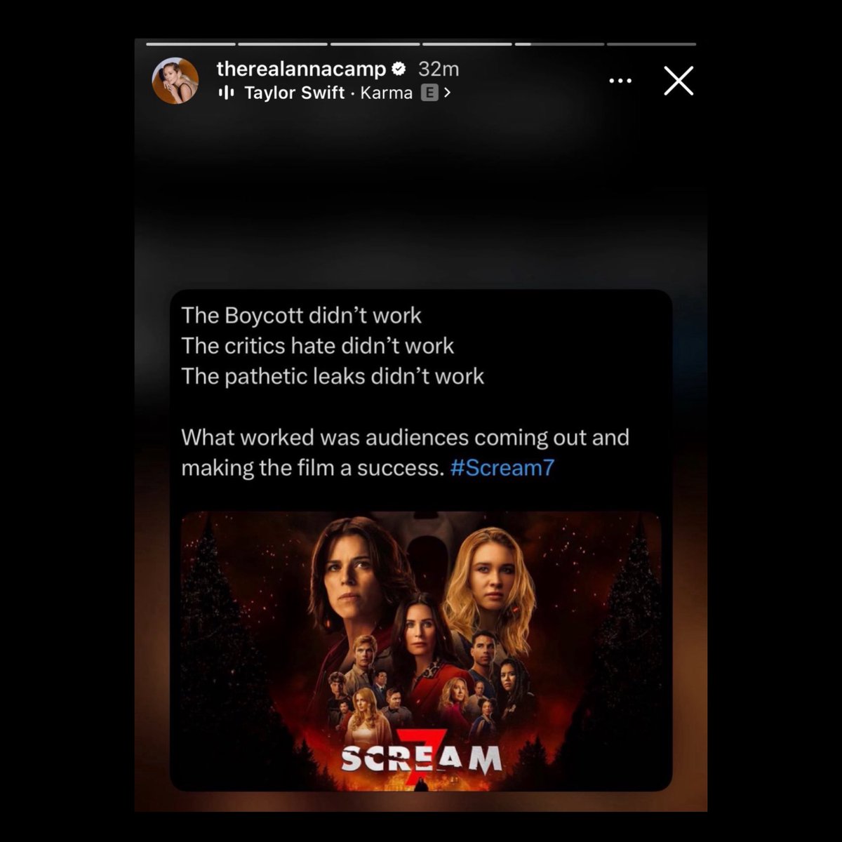 qgscream's tweet photo. Anna Camp via Instagram stories, ao som de “Karma”, da Taylor Swift:
“O boicote, o ódio dos críticos e os vazamentos ridículos não funcionaram. O que funcionou foi o público saindo de casa e fazendo do filme um sucesso.” https://t.co/k98zvCnVLc