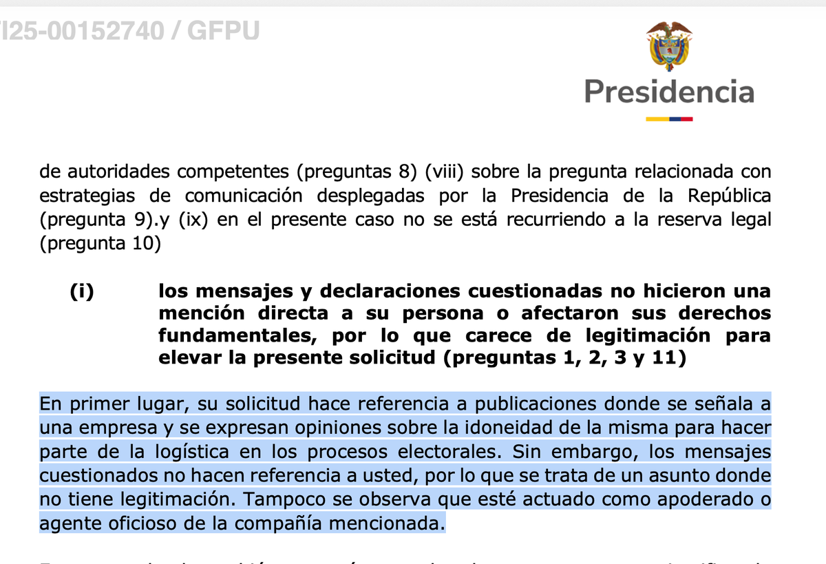 Atentos. Voy con lo anunciado.
Este es el documento de respuesta de <a href="/infopresidencia/">Presidencia Colombia 🇨🇴</a> a varias preguntas respecto de las frecuentes denuncias, afirmaciones y alertas de <a href="/petrogustavo/">Gustavo Petro</a> contra la transparencia y confianza en el sistema electoral:
1. Todo, todo lo que ha dicho Petro