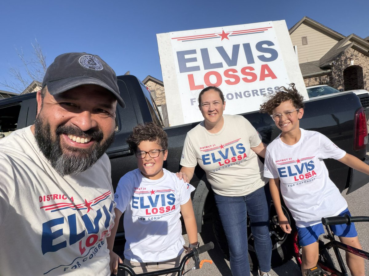 ElvisForTX31's tweet photo. Family push in Round Rock today.

Service matters.

Kids on bikes, push cards in hand, truck rolling—last full day before Tuesday.

Vote Elvis Lossa March 3! 🇺🇸 

#TX31 #voteforElvis #ElvisforCongress https://t.co/G0uM8DLg1w