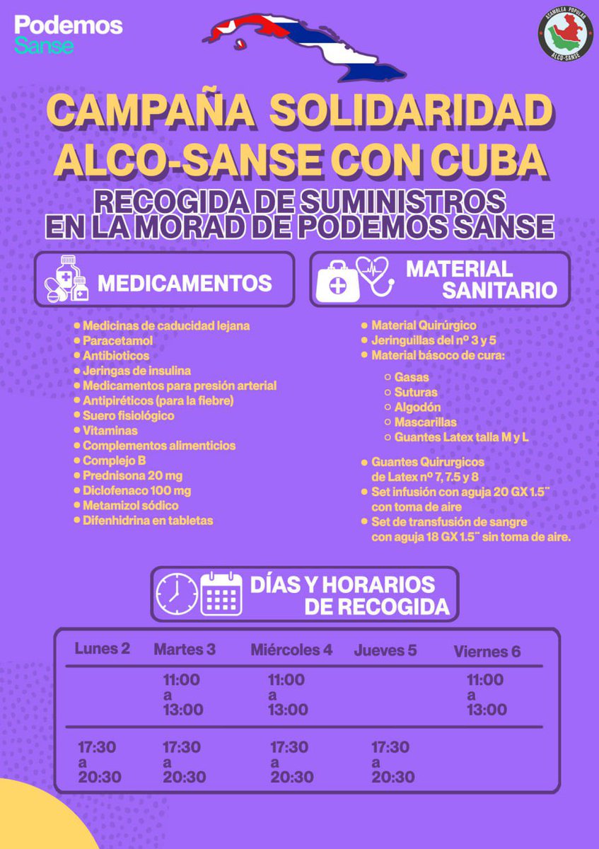 Esta semana, abriremos la #Morada en horarios determinados para recoger material sanitario y medicinas para donar en #Solidaridad con #Cuba 

Colaboramos en la recogida con la Asamblea Popular Alco-Sanse
#SiSePuede