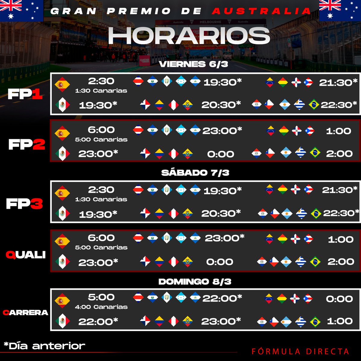 FormulaDirecta's tweet photo. ⏰ HORARIOS GP AUSTRALIA (6-8 marco) ⏰

💾 ¡Guárdate este post para tener a mano los horarios de todas las sesiones en Melbourne!

#F1 #AusGP 🇦🇺 https://t.co/3aL00J6ZhX