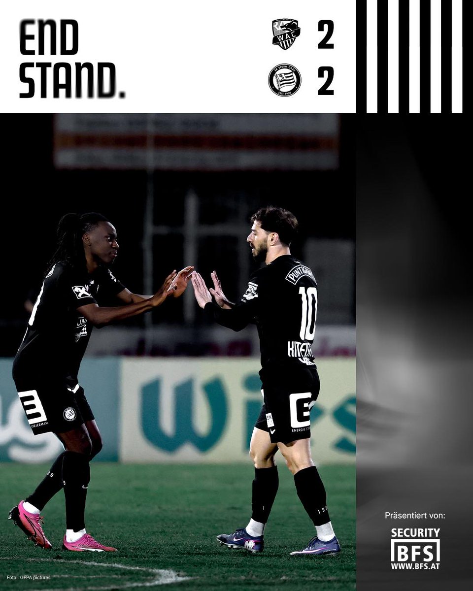 SKSturm's tweet photo. Das Spiel endet mit einem 2:2 Unentschieden! 🏟️  #sturmgraz #AdmiralBL #WACSTU
__________
WAC 2:2 STU |⏱️ 90+7' https://t.co/WitDkAws1u
