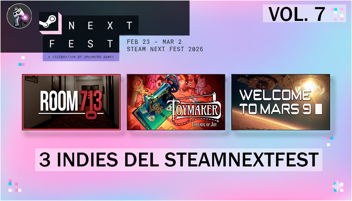 🔹Especial SteamNextFest🔹
          🔹Hoy Probamos🔹
🔷Room 713 de <a href="/GoragarXGameDev/">Room 713 | GoragarX</a> 
🔷Toymaker: Threads of Joy de <a href="/UprisingWorks/">Toymaker: Threads of Joy 🧵 LIVE on Kickstarter!</a> 
🔷Welcome To Mars 9 de <a href="/sonomiogames/">Sonomio Games | WISHLIST Welcome To Mars 9</a> 
📢youtube.com/watch?v=p_vvy5…