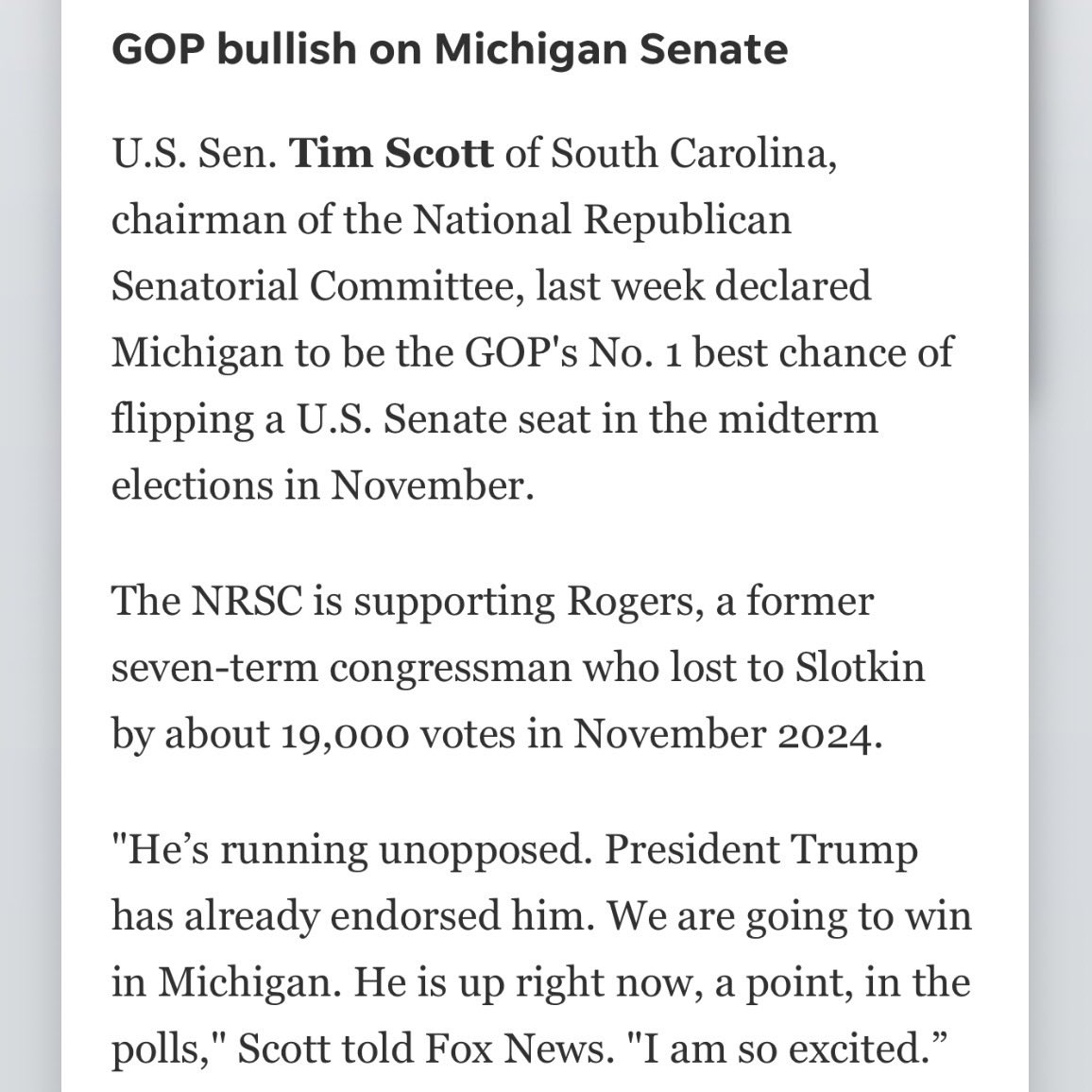 🚨ICYMI:  Sen. <a href="/votetimscott/">Tim Scott</a> “declared Michigan to be the GOP’s No. 1 best chance of flipping a U.S. Senate seat . . . in November.”
