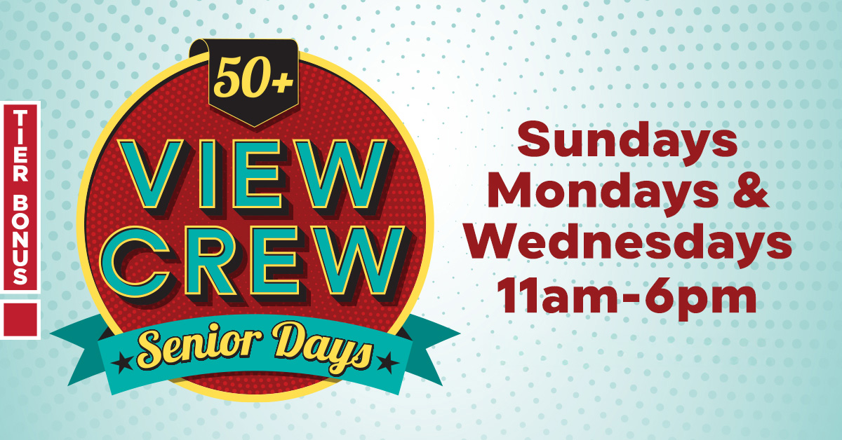 ⭐ View Crew Senior Days Push Your Luck Drawings tomorrow from 11am-6pm! Every 20 minutes, someone in each casino will win up to $1,000 Slot View Play! 🤑 Must be 50 or older to participate. 🎉