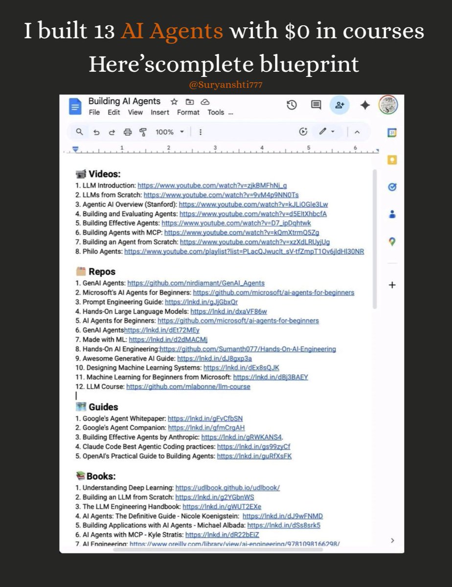 Most people buy $997 AI courses...
I built 13 AI Agents using $0 paid courses.

Now I’m giving away the entire blueprint for FREE.

This is not theory.
This is the exact roadmap I used to:

• Understand LLMs from scratch
• Learn agent frameworks
• Build production-ready AI
