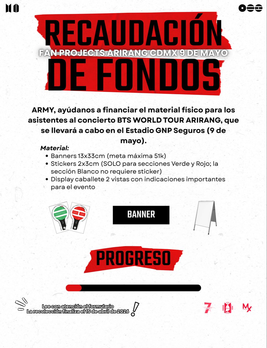FAN PROJECTS CDMX | RECAUDACIÓN 

¡ARMY México! Así avanza la recolección de fondos para los fan projects del día 9 de Mayo. Hasta el momento se reúne el 11.7% de la meta 

Todo aporte al 15 de Marzo participan por un Álbum “Happy” 

👉 Apoya aquí: forms.gle/dijDZbpYiHUwNq…
