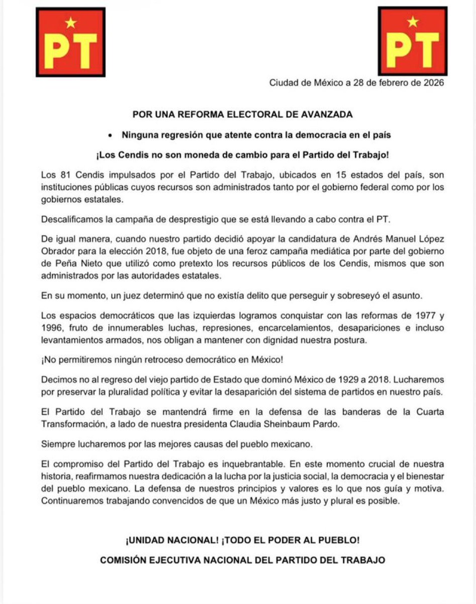 Al manifestar su falta de apoyo a la reforma electoral que busca imponer <a href="/Claudiashein/">Claudia Sheinbaum Pardo</a>, el PT demuestra una de dos cosas: 1) Comprende que la reforma eventualmente entrañaría su desaparición ya que mataría las condiciones de competencia/representación y 2) Aun no les han llegado