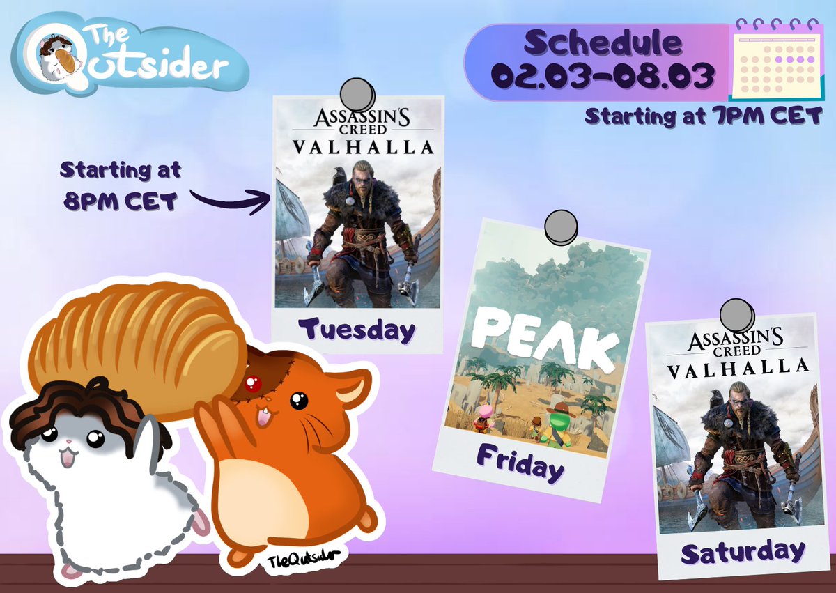 This time I'm not late! Schedule timee.
I kinda don't want to start a new game yet so we just gonna roll with Valhalla AND we'll collab with <a href="/gaminghamster/">Hamstern 🐀</a>! Oh and on Tuesday we start an hour later.
Have a warm week!