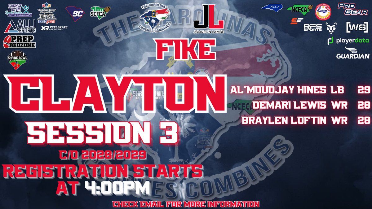 CoachesCombines's tweet photo. Congratulations to the following @FikeFootball players for being selected to the Carolinas Coaches Combines at Clayton S3!

See you April 11 @ 4PM!

Check email to register/more info!

@JohnsonLambe @beast @Goat @BLoftin2028 https://t.co/DV65Fh6aeG