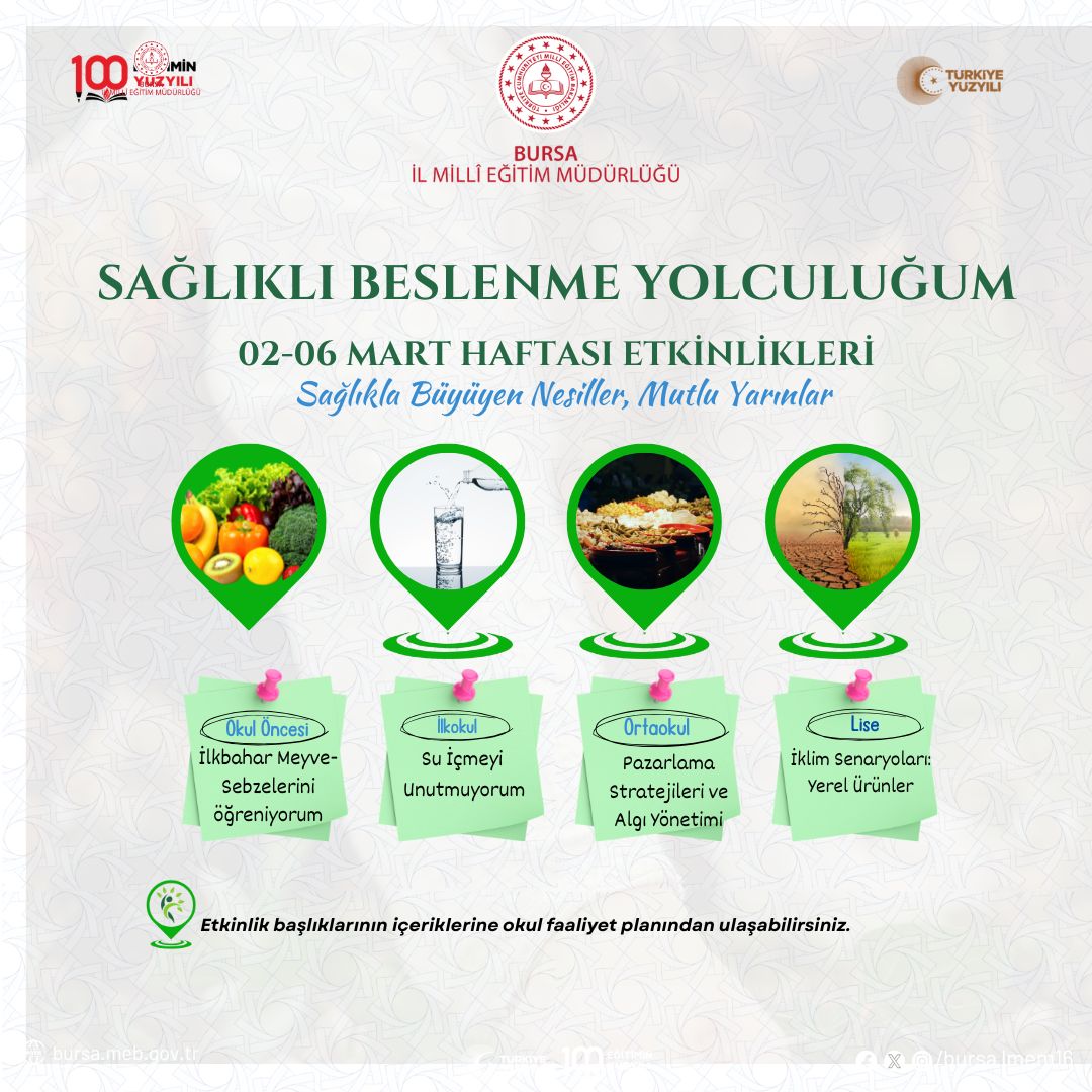 Bursa İl Millî Eğitim Müdürlüğü olarak 02–06 Mart haftasında “Sağlıklı Beslenme Yolculuğum” etkinlikleriyle her kademede sağlıklı yaşam bilincini güçlendiriyoruz.
Sağlıkla büyüyen nesiller, mutlu yarınlar için birlikteyiz. 

#SağlıklıBeslenmeYolculuğum #BursaMEM #SağlıklıNesiller