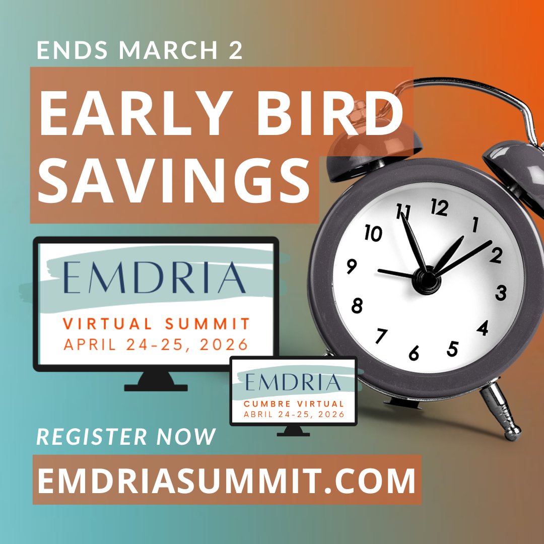 EMDRIA's tweet image. ⏰𝗘𝗻𝗱𝗶𝗻𝗴 𝘀𝗼𝗼𝗻! Early bird pricing for the 2026 EMDRIA Virtual Summit ends March 2 at 7 pm CT. Join us online April 24–25 for global perspectives, a robust clinical program, and a dedicated Spanish-language track. 👉 Register: emdriasummit.com

#EMDRIA #EMDR