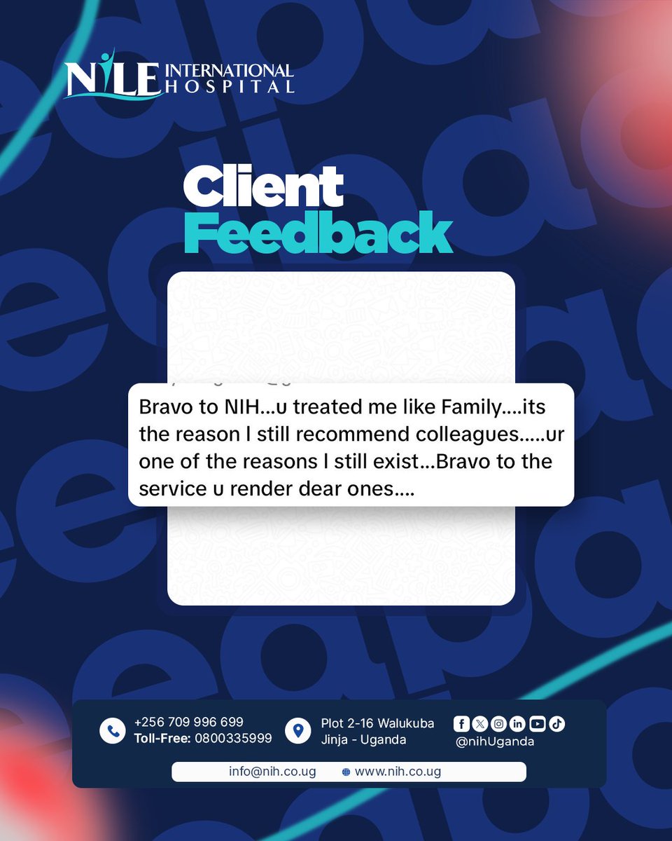 nihUganda's tweet image. Your feedback drives us to do better every day.

Thank you for trusting Nile International Hospital with your care. Patient stories coming soon. 💙

#PatientVoices #TrustedCare #NileInternationalHospital