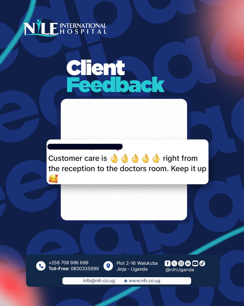 nihUganda's tweet image. Your feedback drives us to do better every day.

Thank you for trusting Nile International Hospital with your care. Patient stories coming soon. 💙

#PatientVoices #TrustedCare #NileInternationalHospital