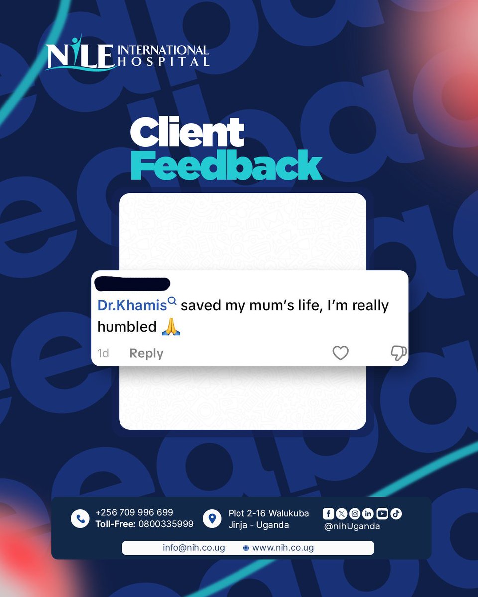 nihUganda's tweet image. Your feedback drives us to do better every day.

Thank you for trusting Nile International Hospital with your care. Patient stories coming soon. 💙

#PatientVoices #TrustedCare #NileInternationalHospital