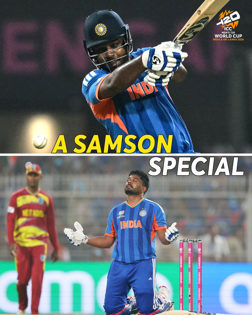 T20WorldCup's tweet photo. An iconic innings that sealed a splendid win for India 🌟

Watch the highlights of Sanju Samson’s #T20WorldCup knock against West Indies ➡️ https://t.co/qFTEJaMN6q https://t.co/vUStuTiht5