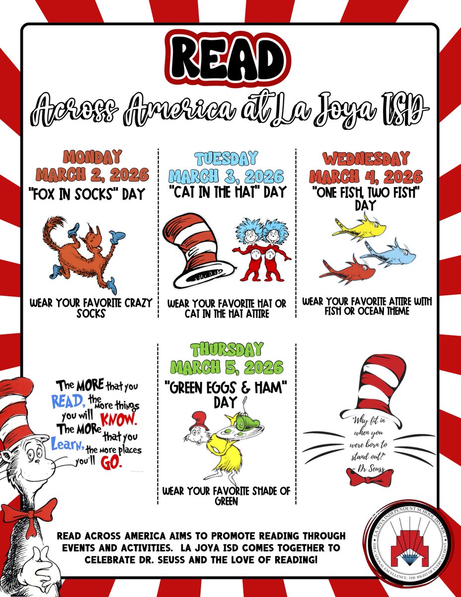 lajoyaisd's tweet image. 📖✨ Let’s celebrate the joy of reading!

#LaJoyaISD is excited to participate in #ReadAcrossAmericaWeek with fun, themed dress-up days inspired by beloved stories. From crazy socks to green attire, it’s a week filled with creativity, imagination, and a shared love of books.