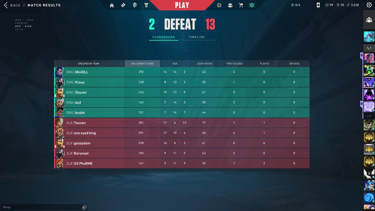 PREMIER PLAYOFFS  

15-13 <a href="/CONFIGSTARZ/">CONFIGSTARZ</a> 
2-13 <a href="/2L8VAL/">2L8VAL</a> 

Rakiplerimizi tebrik ediyoruz, normal sezonu 3. tamamlıyoruz. Yarın Yükseliş Serisinde görüşürüz.