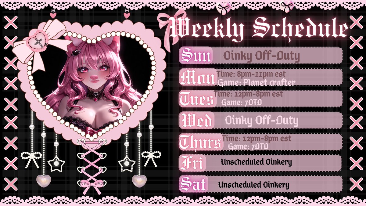 Madam_Oinky's tweet photo. My schedule for the week is up! 🤍

Whether you’re chatting or lurking, I appreciate you more than you know. Thank you for being part of this little corner of chaos and cozy.

Hope to see you there 💕 https://t.co/FguZWm6XQp