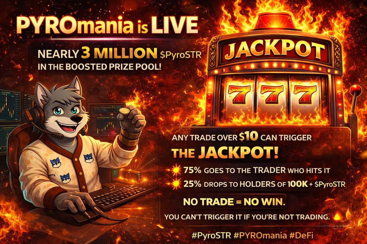 MrKhan10717's tweet photo. 🔥 PYROmania is LIVE 🔥
Nearly 3M $PyroSTR in the boosted prize pool 👀

Any trade over $10 can trigger the JACKPOT 🎰
💥 75% goes to the trader who hits it
💥 25% drops to 100K+ holders

No trade = no win.

You can’t trigger it if you’re not trading. 🔥
#PyroSTR #PYROmania #DeFi https://t.co/1YsFpVVLYI