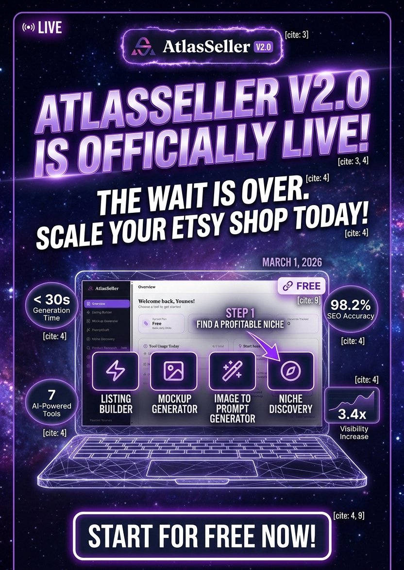 AtlasSeller's tweet photo. 🚀 AtlasSeller V2.0 is LIVE!

Scale your Etsy shop with 4 new AI tools: 

✅ Listing Builder 
✅ Mockup Generator 
✅ Image to Prompt 
✅ Niche Discovery

Product Research &amp; Trend Tracking coming soon! ⏳
Try for free: https://t.co/QKR8l1frmY
#etsyshop #EtsySeller https://t.co/7Ho9rWTS6v