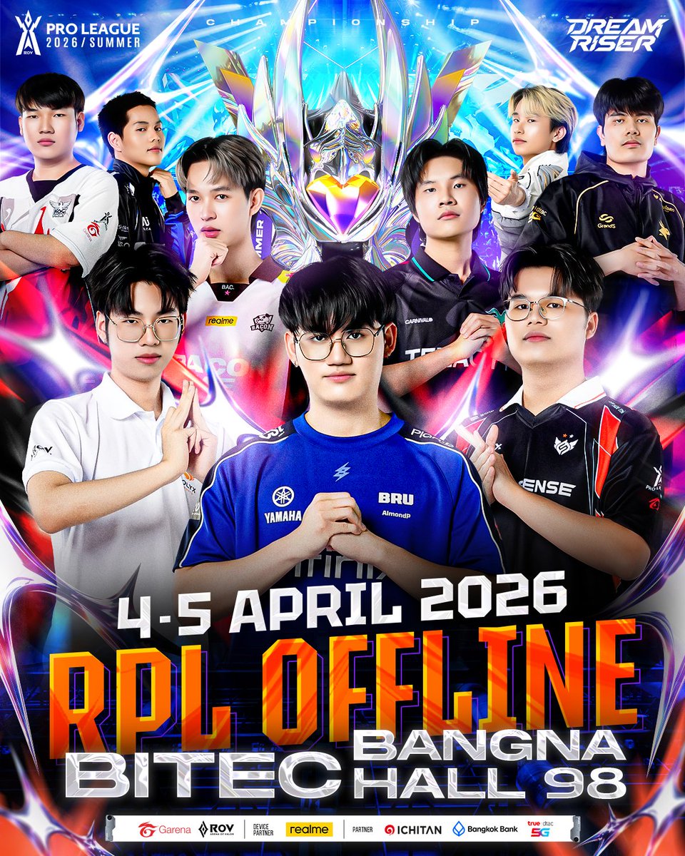 ประกาศอย่างเป็นทางการ! งานออฟไลน์ RoV ชิงแชมป์ไทย RoV Pro League 2026 Summer: Championship🏆

📆พบกัน 4-5 เมษายน 2569
📍ไบเทค บางนา ฮอลล์ 98 เข้างานฟรีเหมือนเดิม!

#RPL2026Summer #DreamRiser #RoV