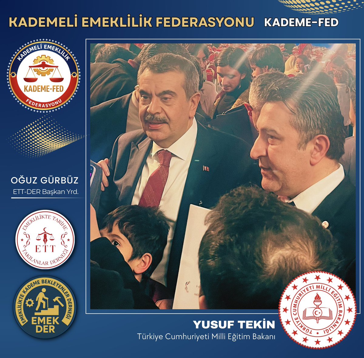 Kademeli Emeklilik Federasyonu olarak, Ramazan ayının manevi ikliminde düzenlenen iftar programında Millî Eğitim Bakanımız Sayın Yusuf Tekin ile bir araya gelmekten büyük memnuniyet duyduk.

Görüşmemizde; federasyonumuz bünyesindeki EMEKDER ve ETTDER tarafından hazırlanan,
📌