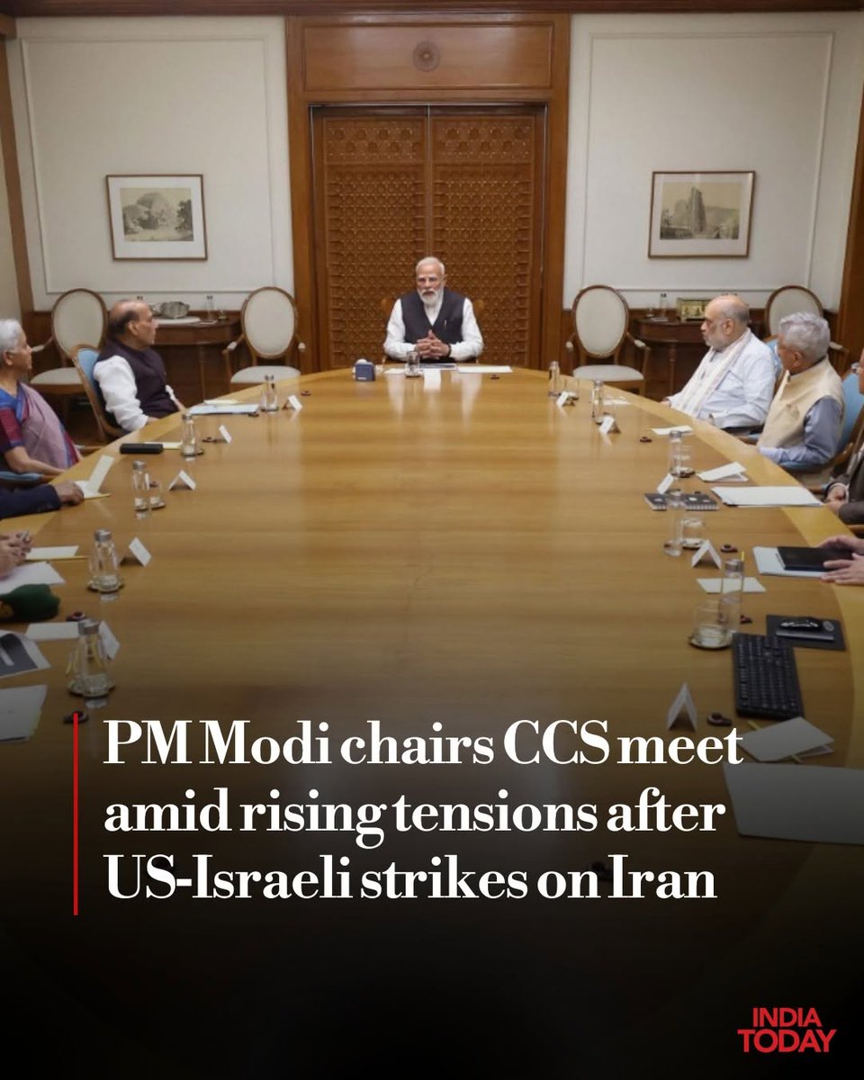 IndiaToday's tweet photo. In light of the Middle East conflict sparked by US‑Israeli strikes on Iran, Indian Prime Minister Narendra Modi chairs a Cabinet Committee on Security (CCS) meeting after returning to Delhi Sunday night.
#India #US #Israel #MiddleEast #ITCard https://t.co/fKsDUQn11d