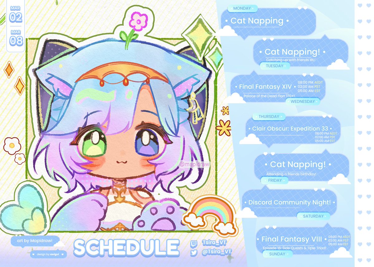 ❥ Schedule 02 MAR - 08 MAR ❥ 
❥ Twitch: twitch.tv/tsira_vt ❥ 
❥ Socials + Credits: tsira-vt.carrd.co ❥