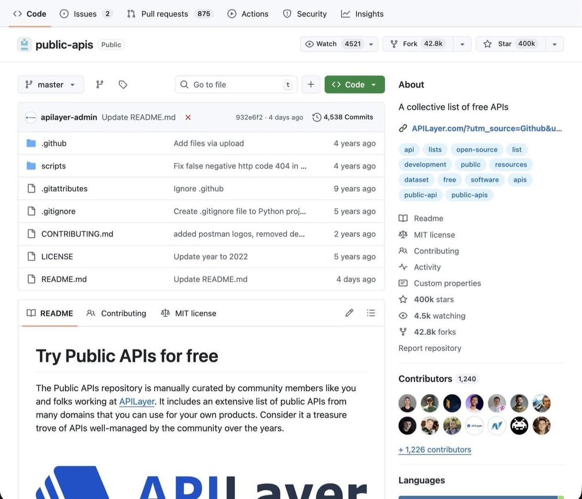 🚨𝗕𝗥𝗘𝗔𝗞𝗜𝗡𝗚: Build your next app without spending a dollar on data.

Someone made a list of 320,000+ free public APIs, and developers are going crazy.

→ Weather, finance, news, sports, crypto
→ AI &amp; machine learning APIs you can call right now
→ Government open data,