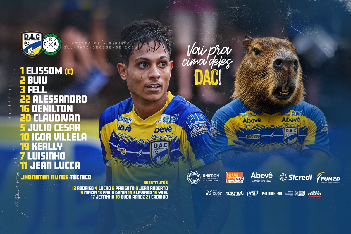 DacDourados's tweet photo. DAC ESCALADO! 🐿️⚽

Esses são os 11 iniciais do DAC escolhidos por Jhonatan Nunes que vão enfrentar o CRA pelo jogo da nona rodada do estadual 2026.

Vai pra cima deles, DAC! 💙💛
#DACxCSA https://t.co/gQ2HFPBUqS
