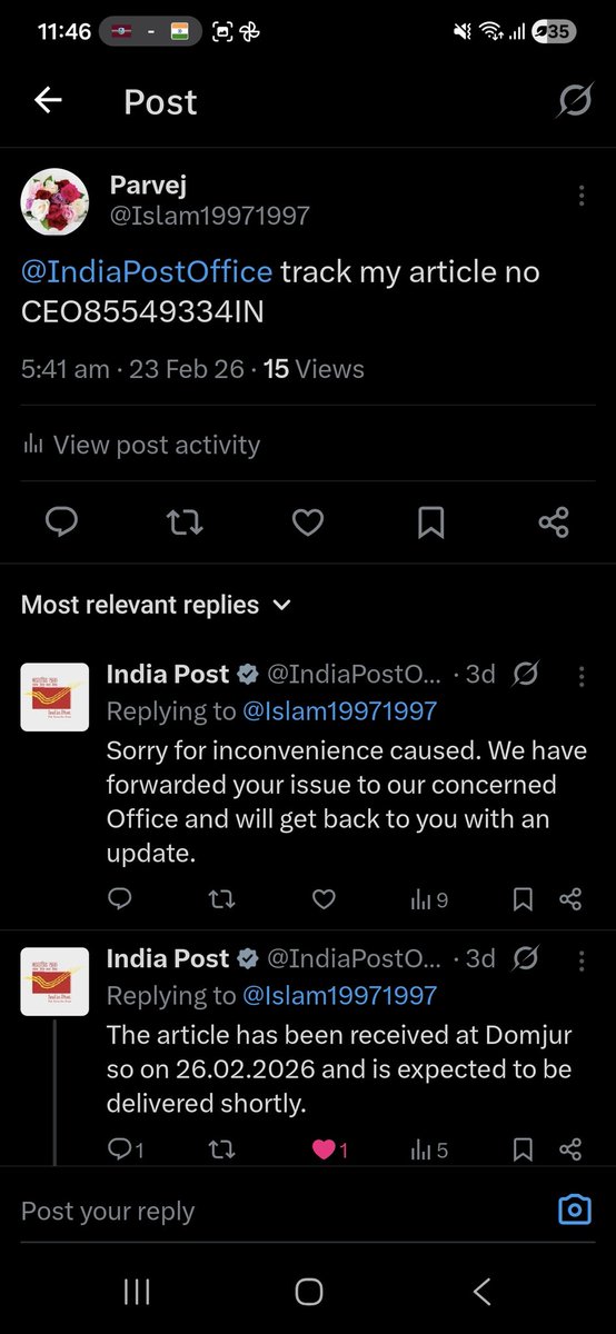 Islam19971997's tweet photo. @IndiaPostOffice @PMOIndia @wbpostalcircle @JM_Scindia what kind of service is being given by west bengal postal circle?My article not delivered to me from Dakshin Jhapordah post office(711405) .I have try to contact them but they have denied to help...It's very urgent .. https://t.co/vdUkeFF6Un