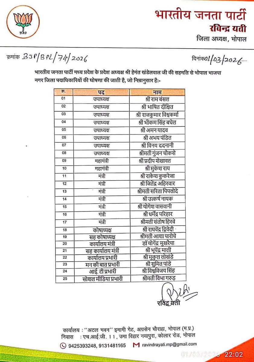 AmritanshIND's tweet photo. भारतीय जनता पार्टी जिला भोपाल के सभी नवनियुक्त पदाधिकारीयों को हार्दिक बधाई एवं शुभकामनाएं💐💐 https://t.co/MWSLitoY8O