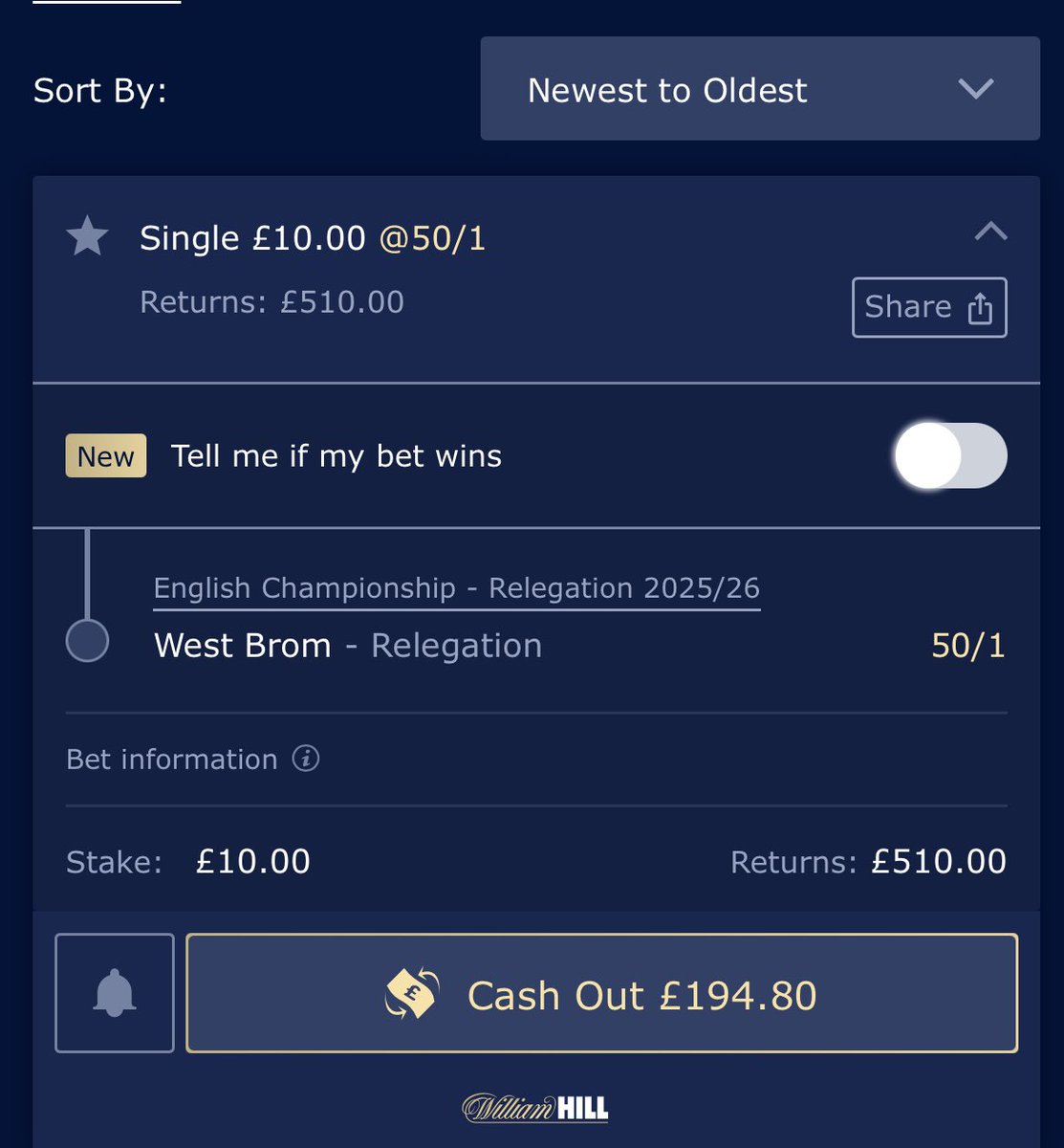 #wba this bet was placed early-mid December, I think the bookies were half asleep and 50-1 for relegation was worth the risk of a tenna, what we thinking… I let this run?
