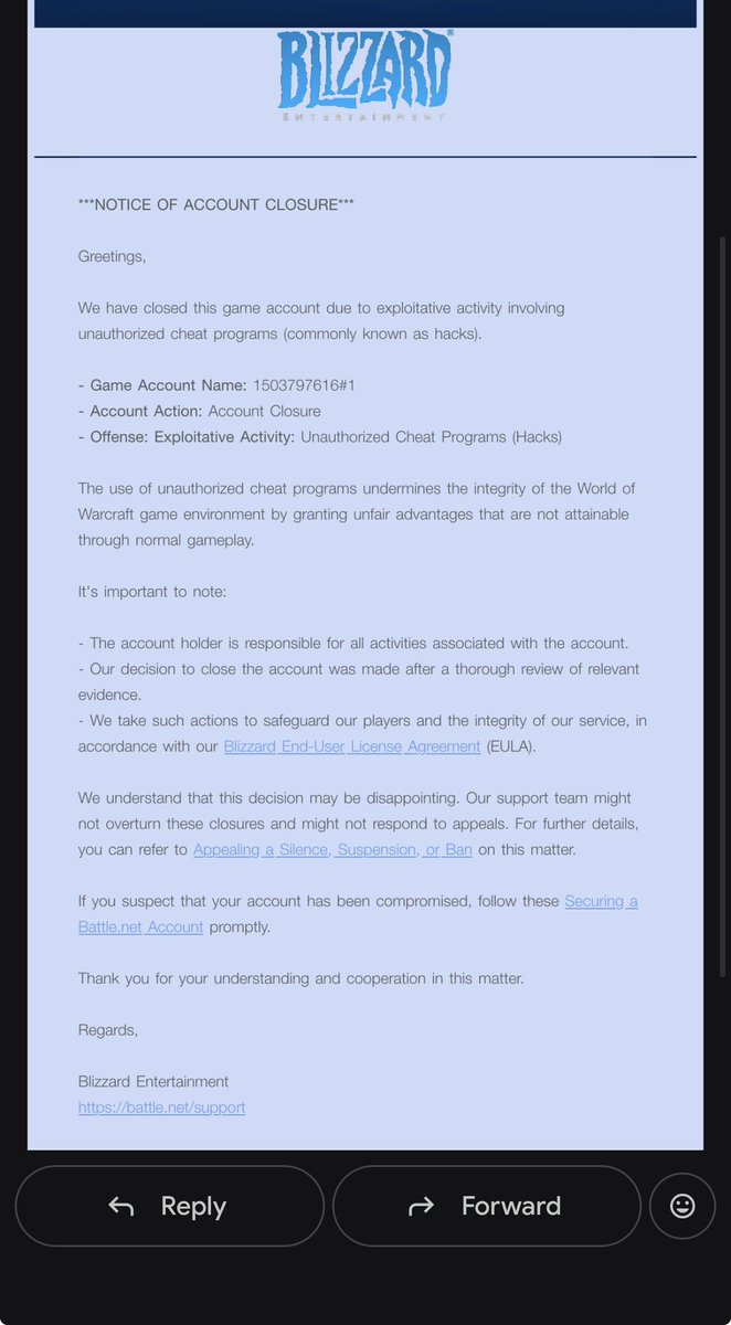 QLepoutre's tweet photo. @BlizzardCSEU_FR bonjour 

J’ai reçu ce mail il y a 2 jours et mon compte a été ban sans aucune raison. Je m utilisé aucun programme tier, j ai créé le compte il y a 3 jours et j’ai juste quête et quelques donjons, je suis level 59. Pouvez vous régler la situation s’il vous plait https://t.co/pxZHeYN2m8