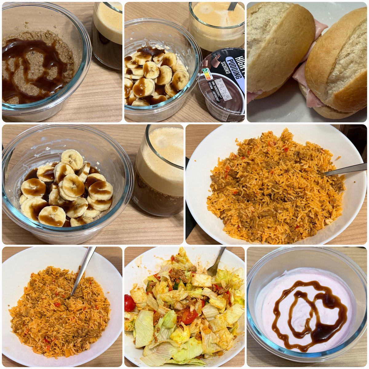 Todays meals:

4am - Weetabix carbload bowl 
6am - Overnight oats + protein pudding
8am - 2 rolls with butter and ham
10am - More overnight oats
1:30pm - Rice + ground beef
4:30pm - More rice + ground beef
6pm - Ground beef salad
7:20pm - Skyr + Whey

Macros:
240p / 443c / 61f