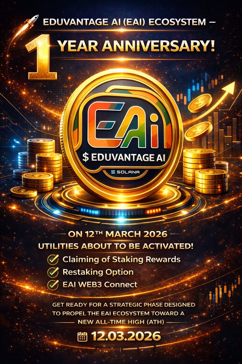 EduvantageEAI's tweet photo. 🚀 EDUVANTAGE AI (EAI) ECOSYSTEM – 1 YEAR ANNIVERSARY! 🎉
On 12th March 2026, the Eduvantage AI (EAI) Ecosystem celebrates ONE YEAR of innovation, resilience, and community growth.
This milestone is more than a celebration — it marks the beginning of a new and powerful phase for the ecosystem.
🔥 In Preparation for the Anniversary:
Key utility programs are about to be activated!
✅ Claiming of Staking Rewards
✅ Restaking Option
✅ EAI Web3 Connect
The engine is warming up.
The ecosystem is evolving.
The foundation is solidifying.
This next phase is strategically designed to:
• Strengthen holding power
• Increase ecosystem participation
• Boost engagement
• Position EAI for stronger market momentum
📈 Get ready for a strategic shift that could drive the ecosystem toward a new All-Time High (ATH).
If you’ve been watching from the sidelines — this is your signal.
If you’ve been holding — your patience is about to meet real utility.
The countdown begins now.
🗓️ 12.03.2026
#EduvantageAI #EAI #Ecosystem #CryptoInnovation #Staking #Restaking #AI #Web3 #NextPhase