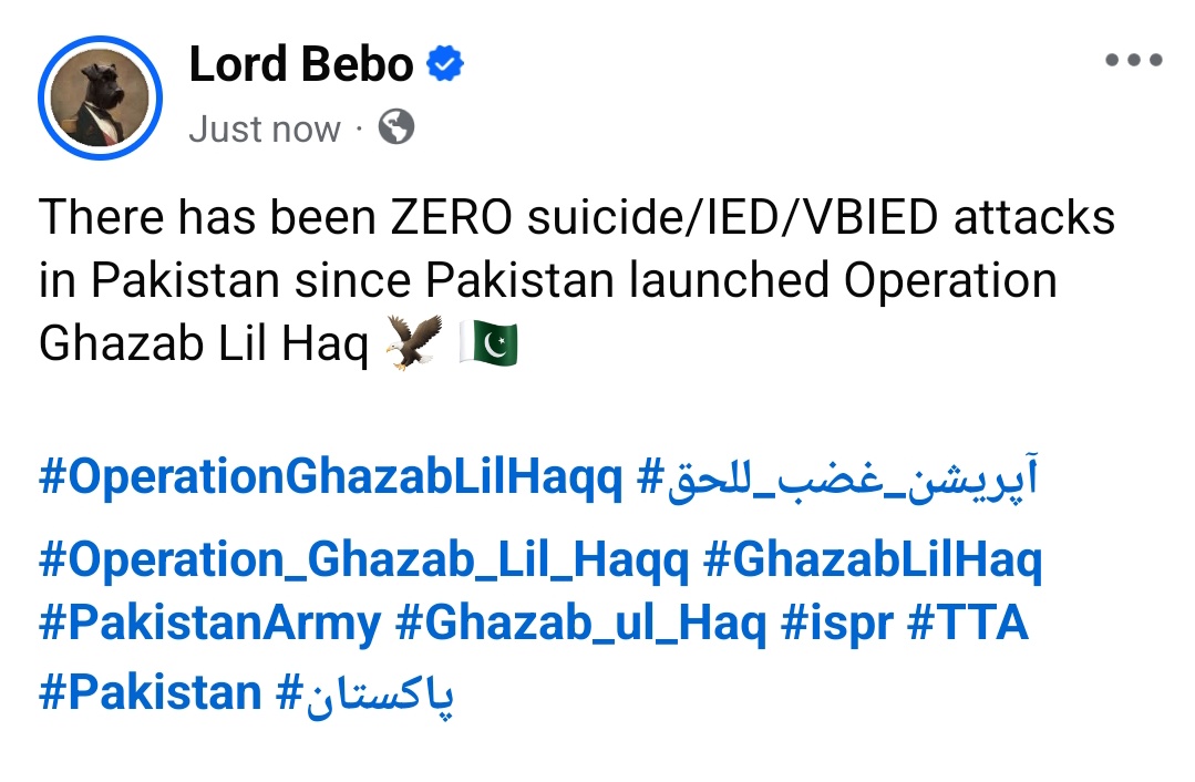 maxeybangash's tweet photo. There has been ZERO suicide/IED/VBIED attacks in Pakistan since Pakistan launched Operation Ghazab Lil Haq 🦅 🇵🇰 https://t.co/p2NwIyTUQ5