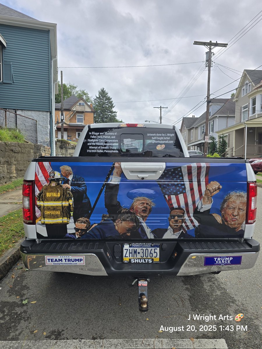 IknowtruthQ's tweet photo. @LFATVUS Love the truck. This is mine, i did the painting on the back. I was an eye witness in Butler, Pennsylvania On July 13th. The painting is on canvas. I had it blown up and put on the back of the truck. https://t.co/YT3qbJEKk5