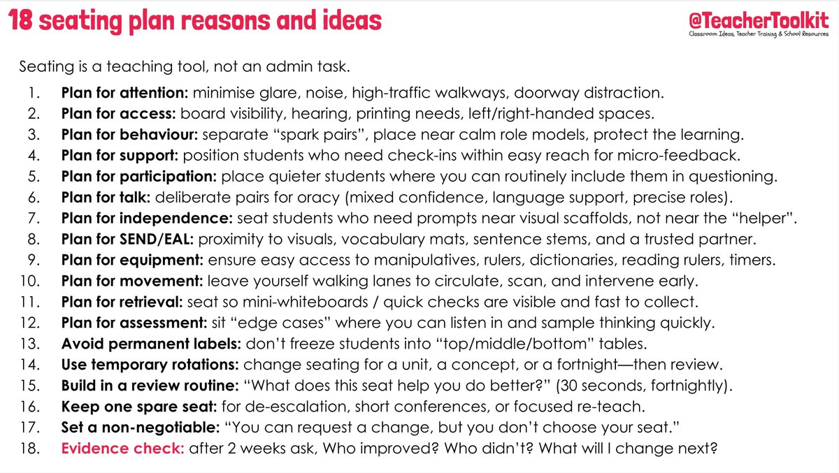 A deliberate seating plan strengthens attention, participation and assessment. It’s classroom architecture — not admin. 

Here are 18 reasons!

bit.ly/4rjMirD
