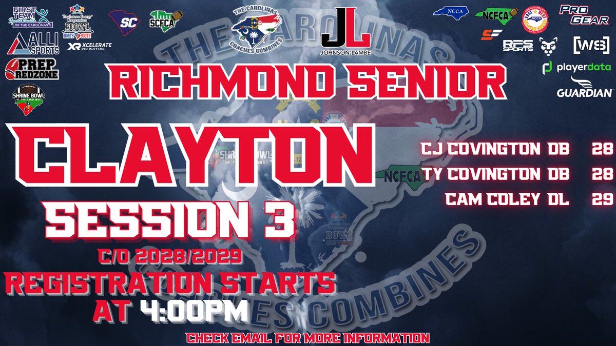 CoachesCombines's tweet photo. Congratulations to the following @FbRichmond players for being selected to the Carolinas Coaches Combines at Clayton S3!

See you April 11 @ 4PM!

Check email to register/more info!

@JohnsonLambe @bed8942 @Cjcovington14 @Tycovington7 https://t.co/hM6p7veXWY