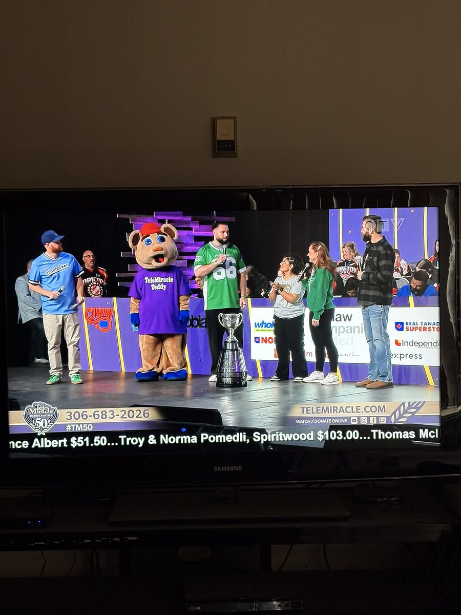 jordy_sealey's tweet photo. The #GreyCup made an appearance on @Telemiracle. #TM50 #RingThosePhones 306-683-2026 https://t.co/DF7nVS4dpT https://t.co/KUhDNfEtlt