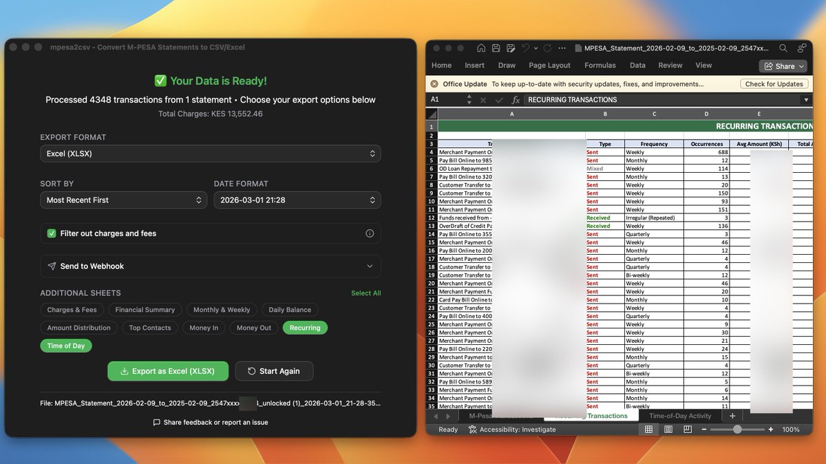 mpesa2csv v0.13.0 is now up 🚀 

packed with the following :  
🟢 [NEW] Recurring Transactions Sheet 
⏳ [NEW] Time-of-Day Activity Sheet
🎨 UI update (base ui)✨