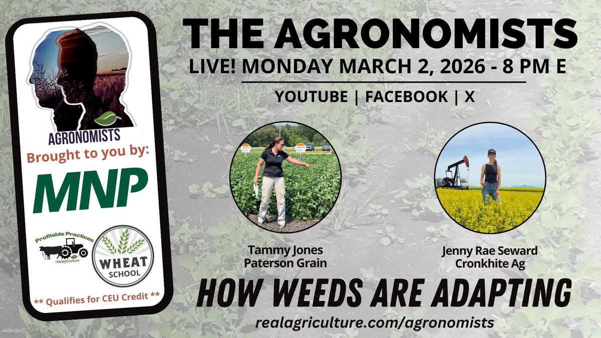 realagriculture's tweet image. Tomorrow on The Agronomists, host @RealLoudLyndsey and guests @AgGalJones of @PatersonGrain &amp;amp; @Cronk_Ag to discuss how weeds adapt and how to manage for resistance!

🗓️ Monday, March 2 at 8PM E
📽️ RealAgriculture.com/live/
#agriculture #agronomy #weeds