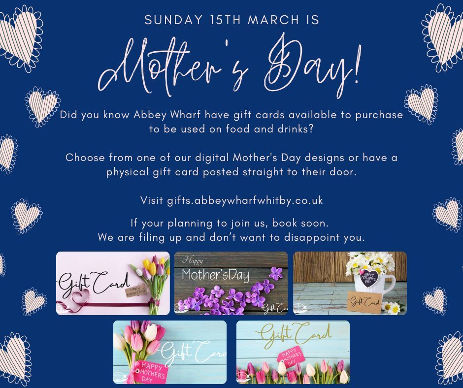 Don't forget Mother's Day on Sunday 15th March!

We're now taking table bookings and have a deletion of Mother's Day digital gift cards for you to choose from.

Get you Mother's Day gift cards here:

Make a table bookings here: