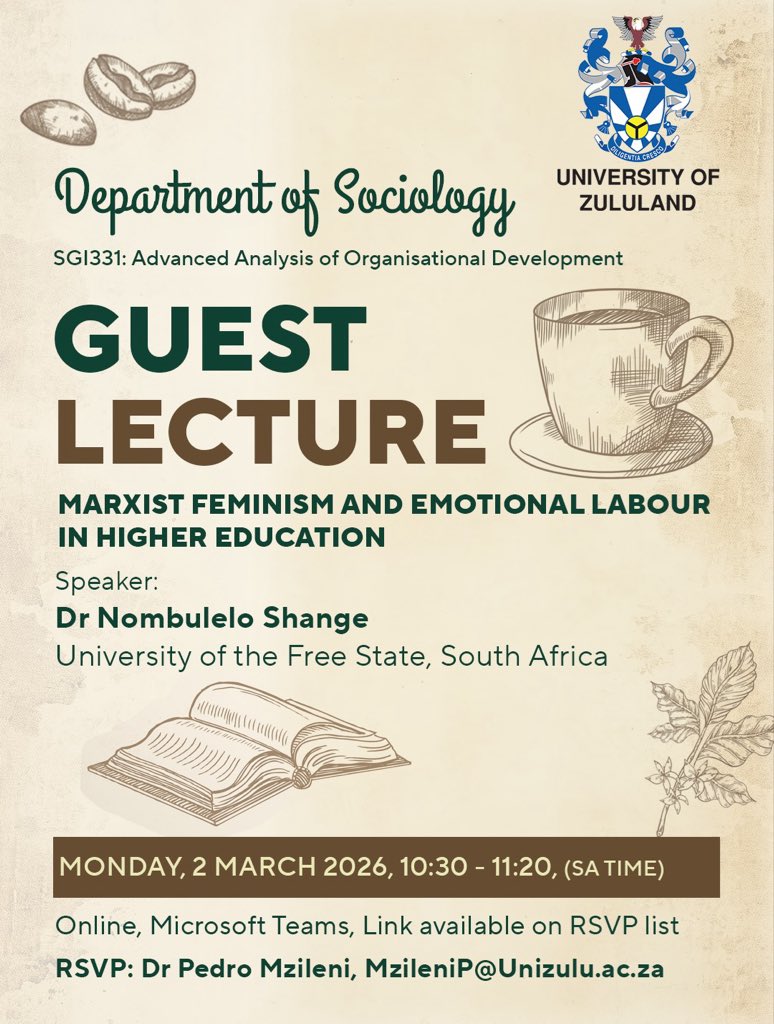 PedroMzileni's tweet photo. 🎙️📚 I’ve arranged this online chat for my undergraduate students. You can join us on this Ms Teams link —- “Marxist Feminism and Emotional Labour in Higher Education” by Dr Nombulelo Shange @nombly  (UFS) —- Monday, 2 March 2026, 10:30 (SA Time) 🔗 https://t.co/Ybc0cH15Fq https://t.co/ulyBLhnpDR