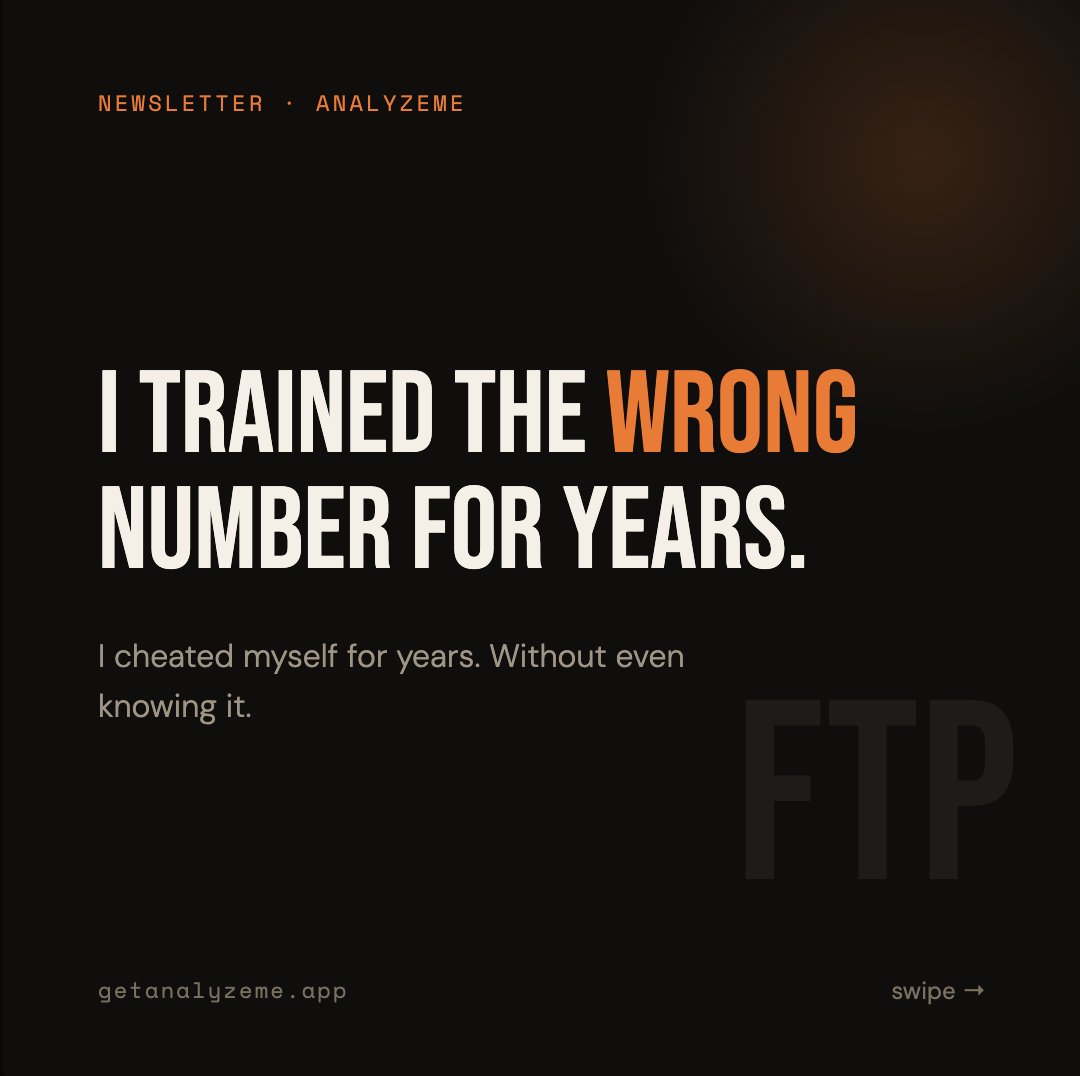 GetAnalyzeMe's tweet photo. I cheated myself for years without even realizing it.
Back in 2012, I bought my first power meter, did a 20-minute test, and scored a 321W FTP (5.4 W/kg). I felt like an absolute pro.
Turns out, that number was completely wrong. And it basically ruined my season. 🧵 https://t.co/EB15f6ZxcX