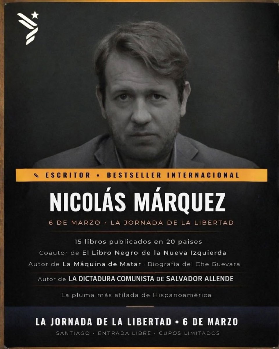 🔥 Este 6 de marzo, Nicolás Márquez llega al aniversario del Partido Nacional Libertario.
📍 Nos vemos en el Teatro Coliseo
⚠️ Cupos limitados ¡Inscríbete ya!

Nos vemos allá, este viernes 6!

#ChileLibre #Libertad #PNL #Aniversario

<a href="/Jou_Kaiser/">Johannes Kaiser</a>
<a href="/cristiandalyd/">Cristián Daly</a>
<a href="/pier_karlezi/">Pier Karlezi</a>