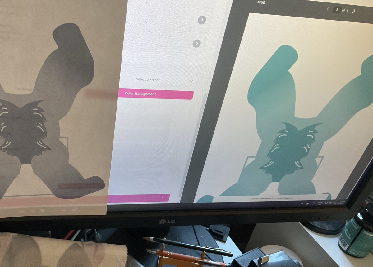 Spent the whole day getting the color right for a commission.

Sublimation printer are awesome, but the process has so many adjustable knobs. Just changing one little step changes the outcome drastically.

Had a purple tint in the print. In the end I reduced the red value.