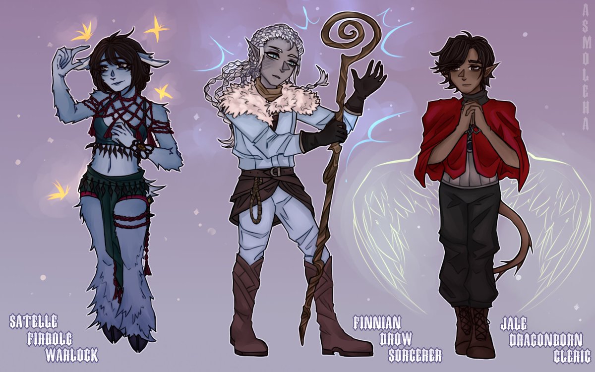 ive found dndcember on pinterest but its not december now and i dont have much time for doing all from this challenge
soo i asked my friends about races they would like to see and thats what we got
satelle and finnian are my dnd ocs now uwu
and jale is my friends oc

#DnD #dndart